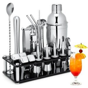 23pc Cocktail Shaker Set Bar Tools Kit Stainless Steel Stand Whiskey Stones